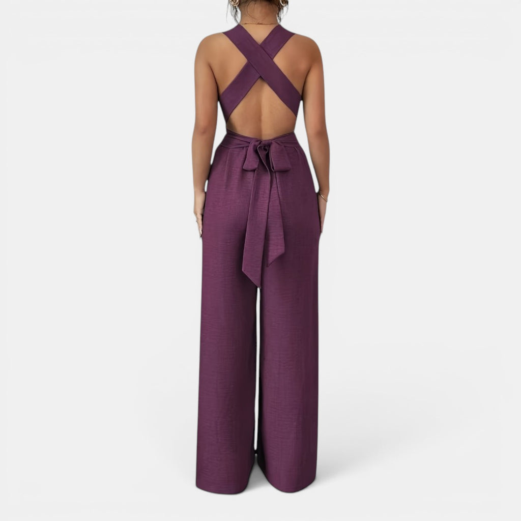 Monvaline | Women’s V-Neck Crisscross Tie Jumpsuit