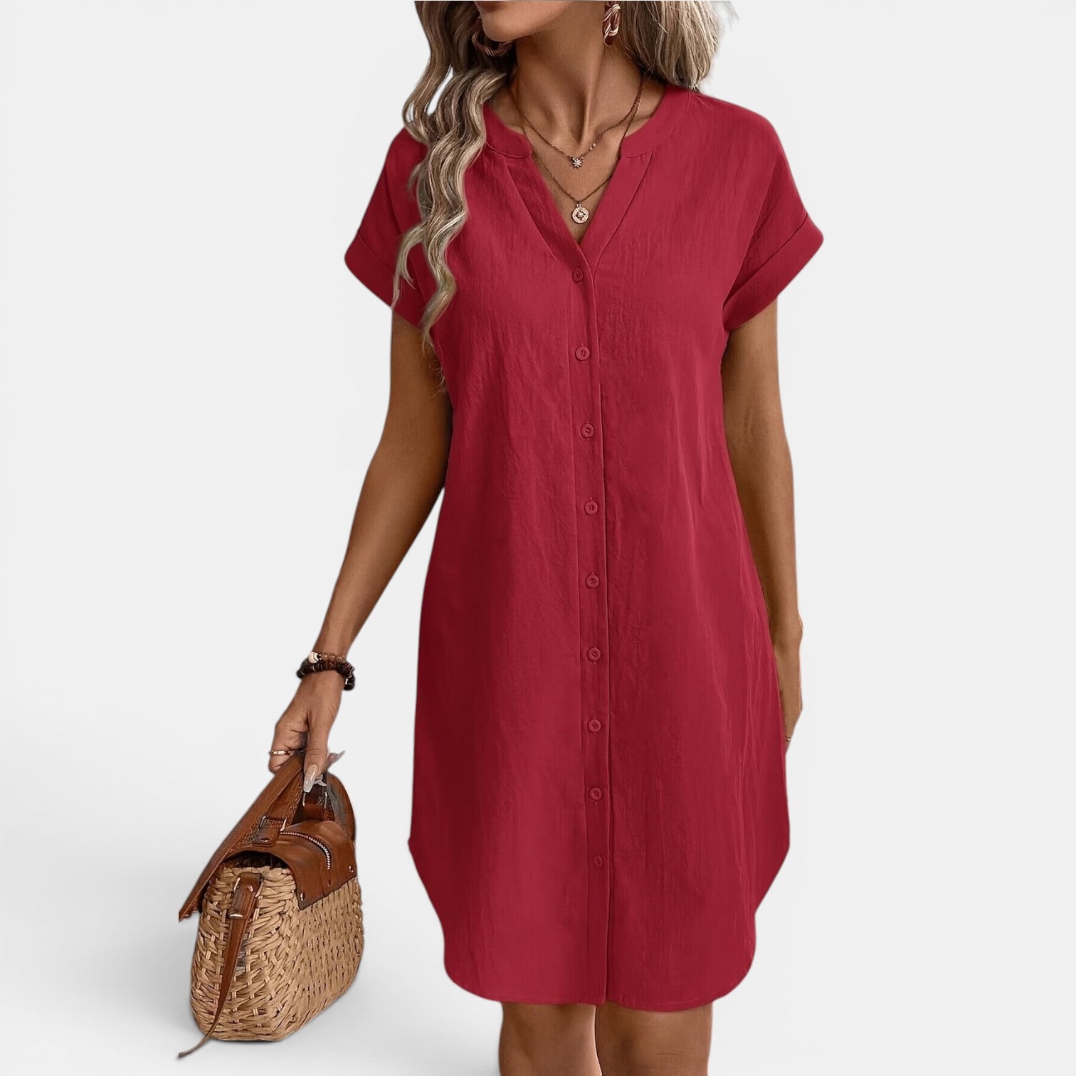 Monvaline | Women’s Loose Fit Summer Dress V-Neck Button Midi
