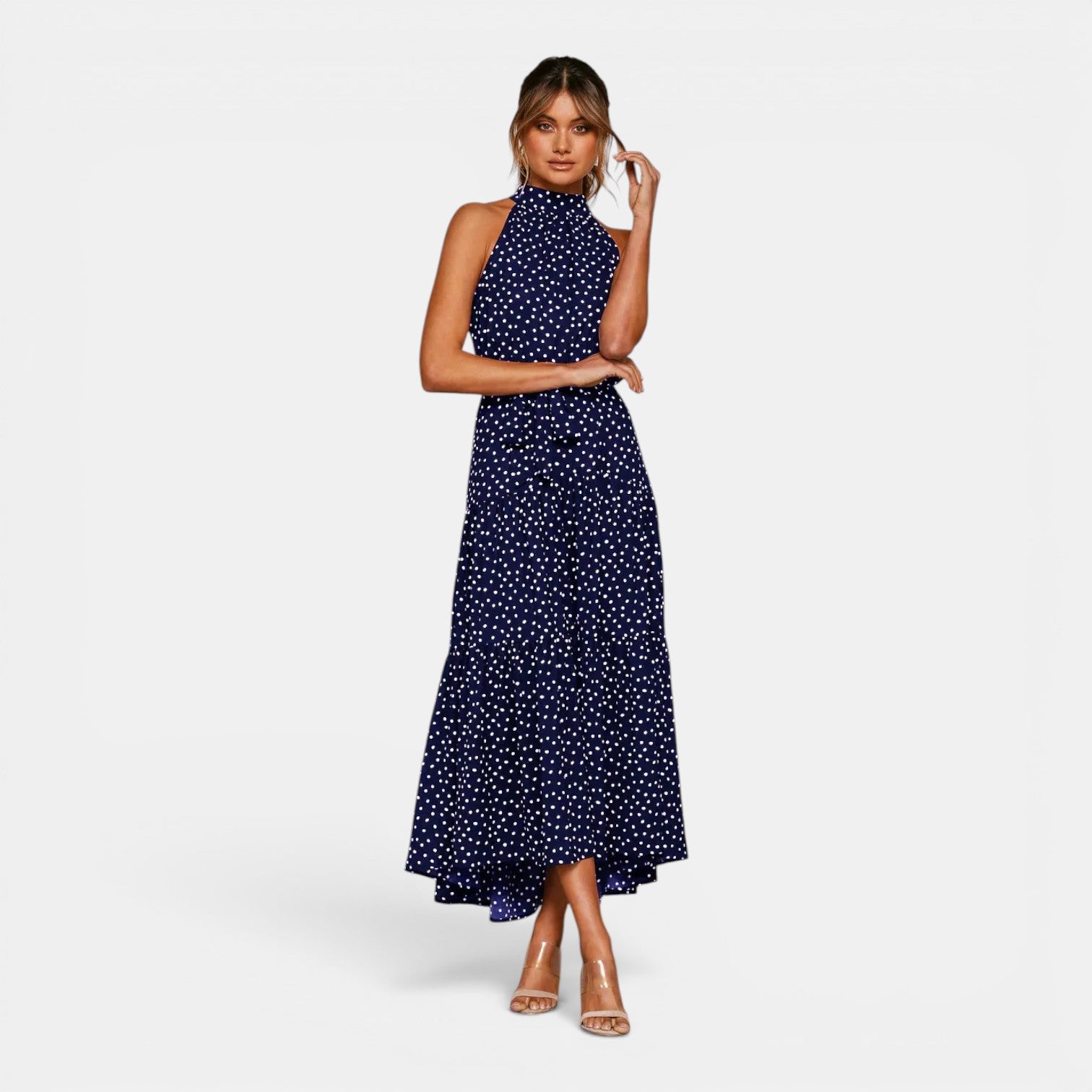 Monvaline | Women's Sleeveless Polka Dot Maxi Dress for Holidays & Beachwear