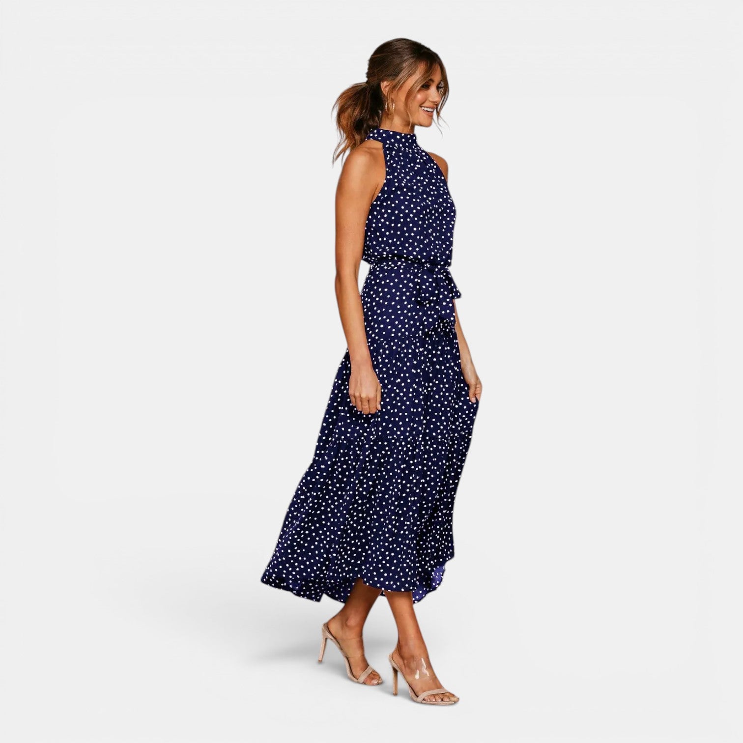 Monvaline | Women's Sleeveless Polka Dot Maxi Dress for Holidays & Beachwear