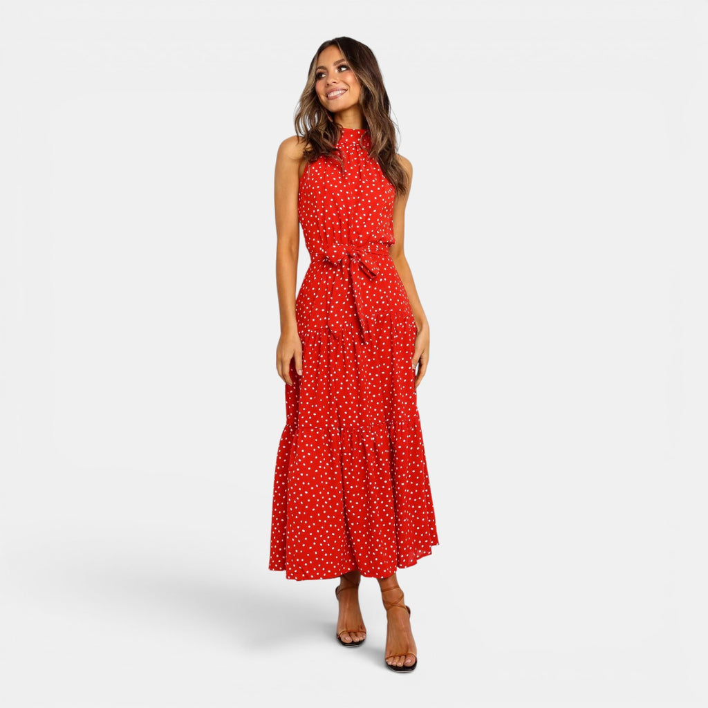 Monvaline | Women's Sleeveless Polka Dot Maxi Dress for Holidays & Beachwear