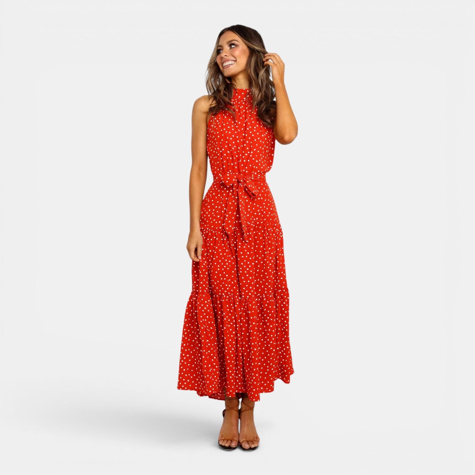 Monvaline | Women's Sleeveless Polka Dot Maxi Dress for Holidays & Beachwear