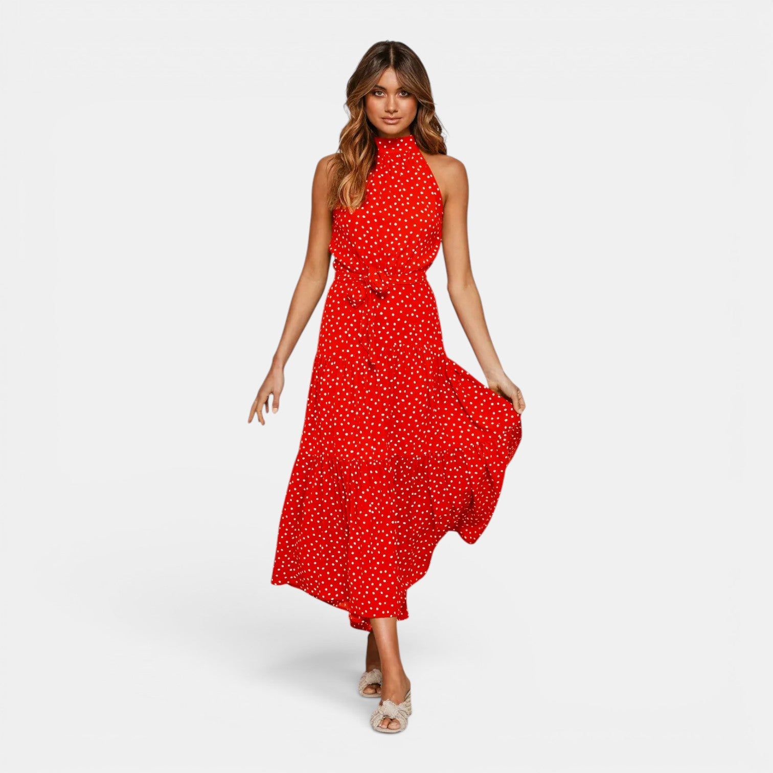 Monvaline | Women's Sleeveless Polka Dot Maxi Dress for Holidays & Beachwear