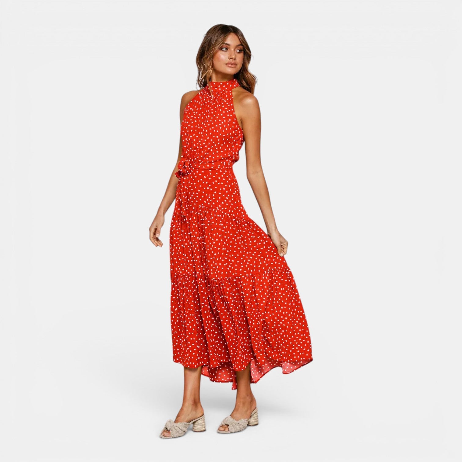 Monvaline | Women's Sleeveless Polka Dot Maxi Dress for Holidays & Beachwear