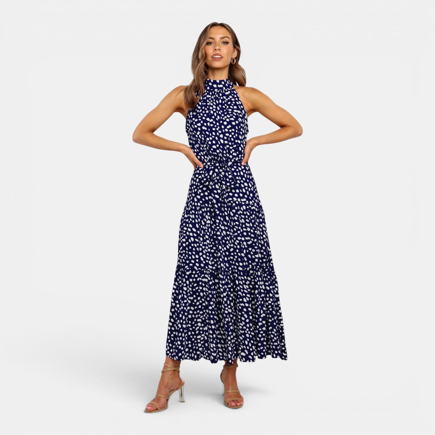 Monvaline | Women's Sleeveless Polka Dot Maxi Dress for Holidays & Beachwear