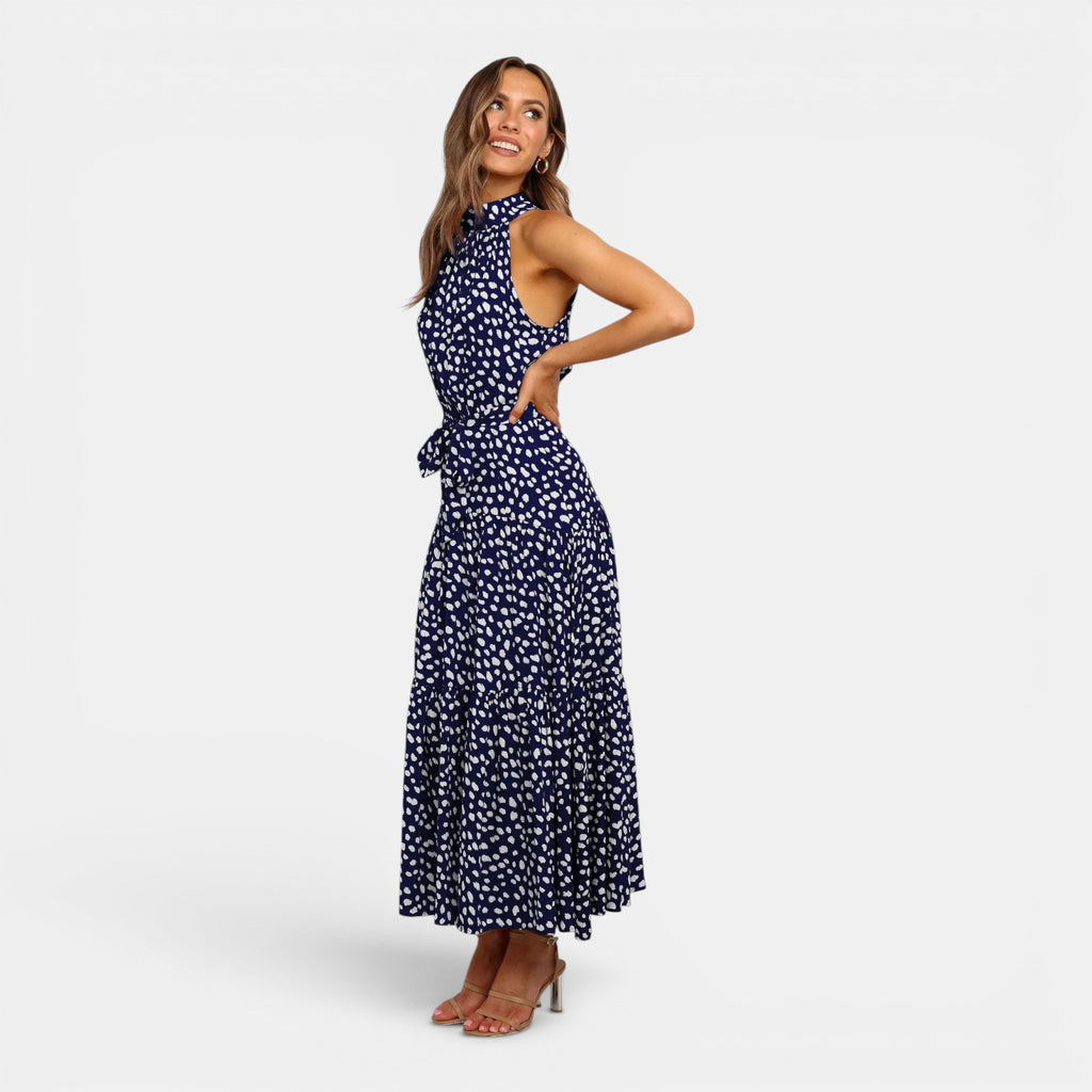 Monvaline | Women's Sleeveless Polka Dot Maxi Dress for Holidays & Beachwear