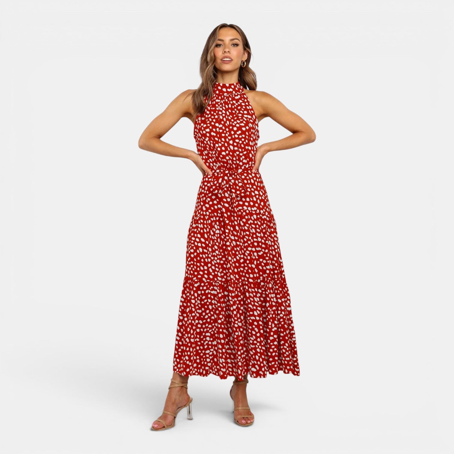 Monvaline | Women's Sleeveless Polka Dot Maxi Dress for Holidays & Beachwear