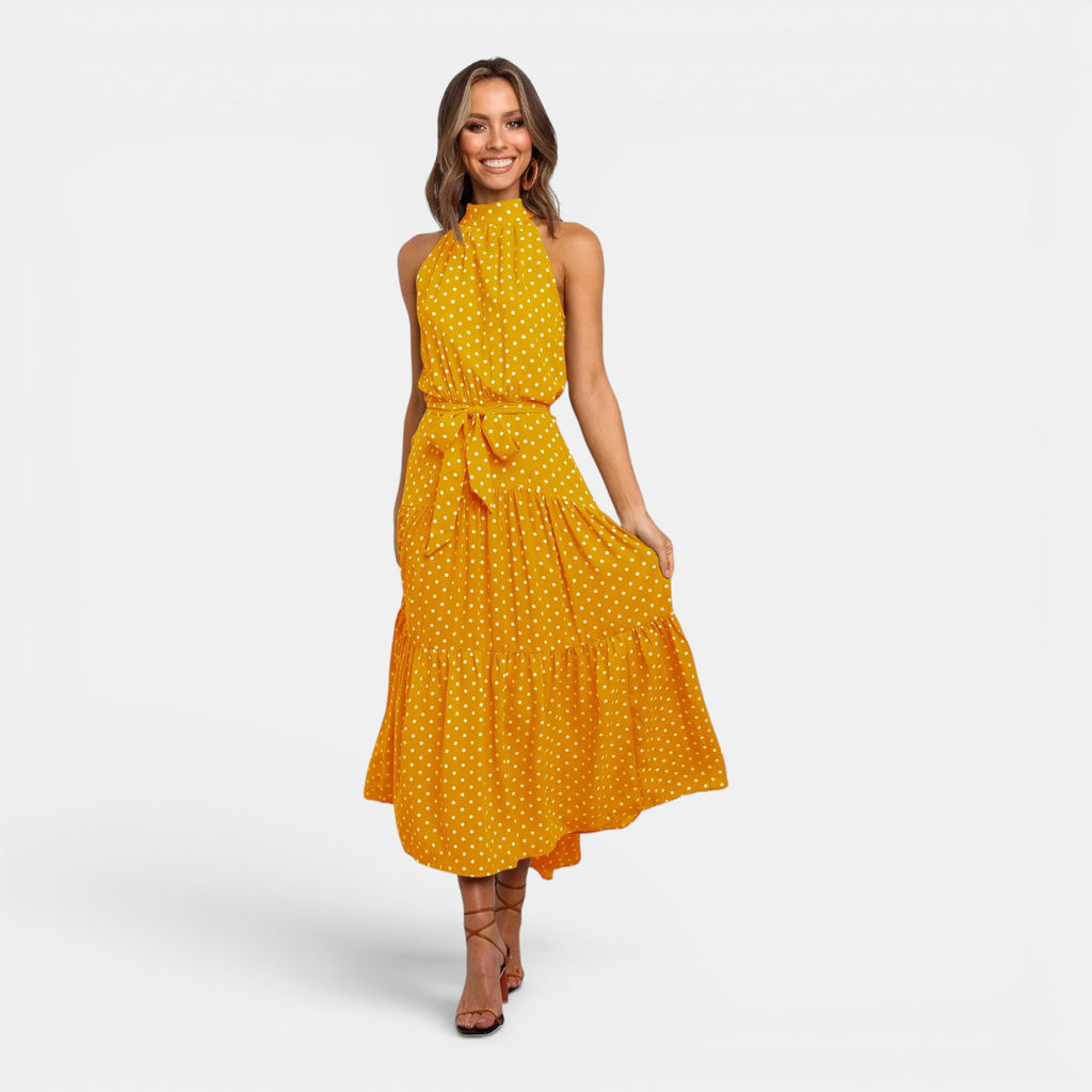 Monvaline | Women's Sleeveless Polka Dot Maxi Dress for Holidays & Beachwear