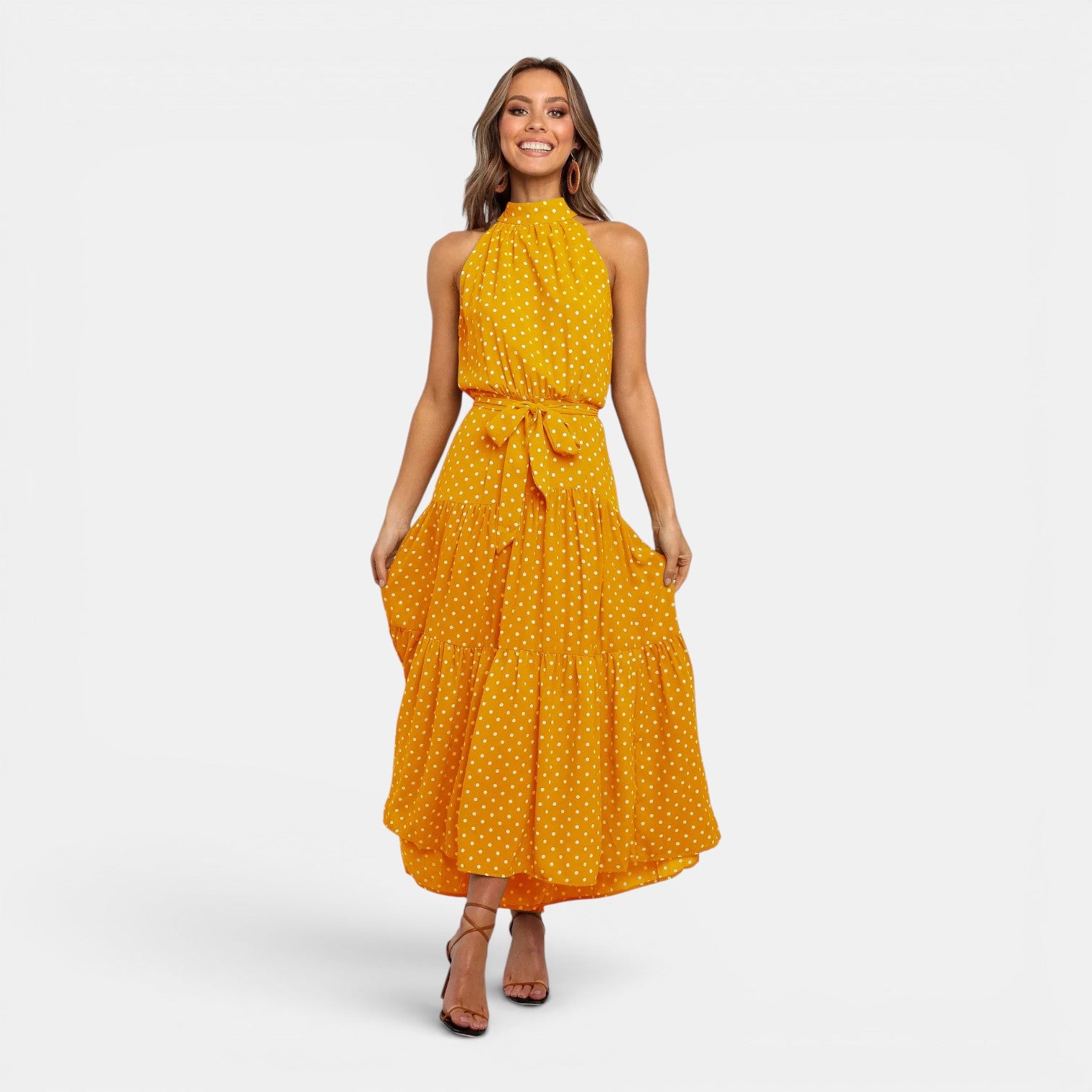 Monvaline | Women's Sleeveless Polka Dot Maxi Dress for Holidays & Beachwear
