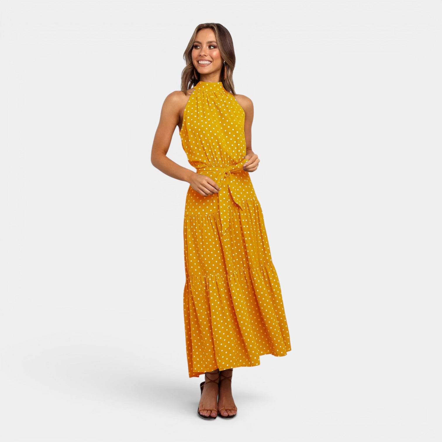 Monvaline | Women's Sleeveless Polka Dot Maxi Dress for Holidays & Beachwear
