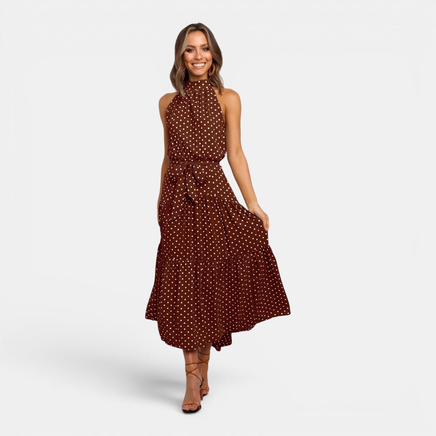 Monvaline | Women's Sleeveless Polka Dot Maxi Dress for Holidays & Beachwear