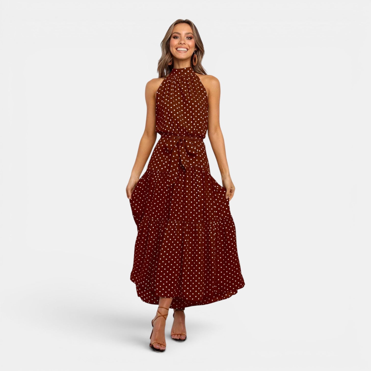 Monvaline | Women's Sleeveless Polka Dot Maxi Dress for Holidays & Beachwear
