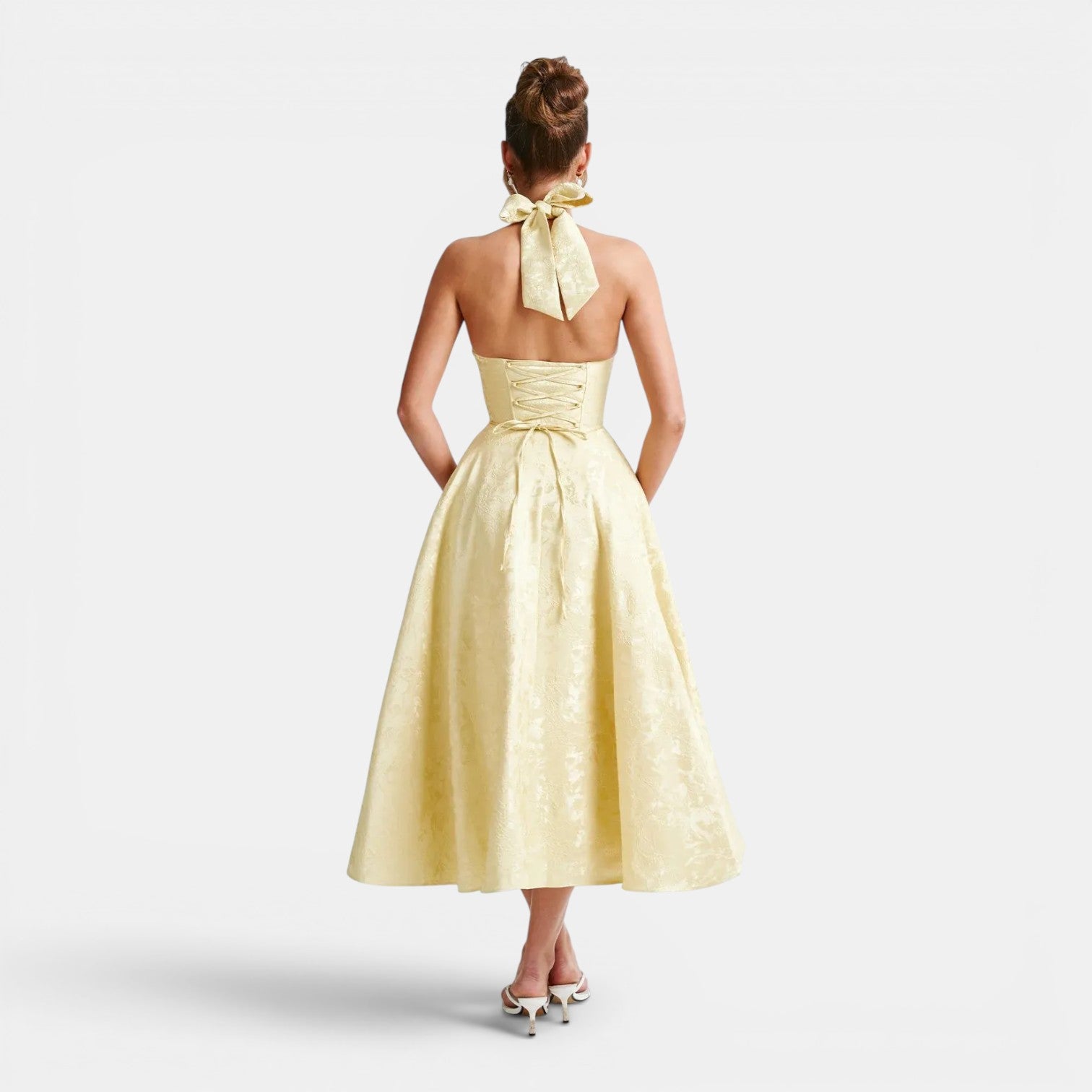 Monvaline | Women's Wedding Guest Jacquard Midi Dress Halter Neck V-Neck