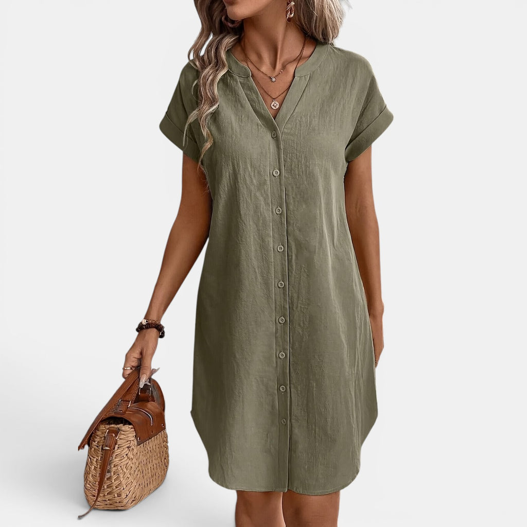 Monvaline | Women’s Loose Fit Summer Dress V-Neck Button Midi