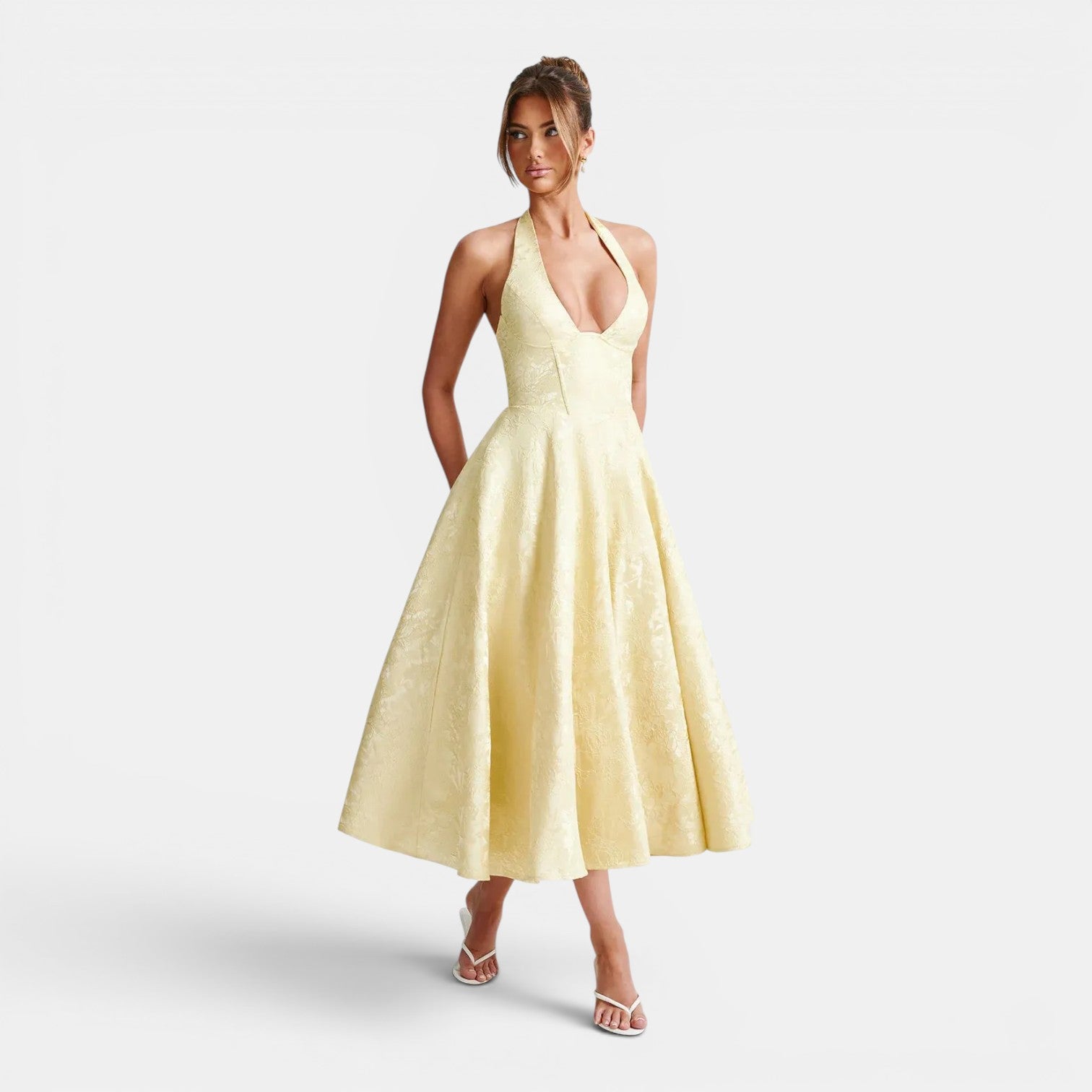 Monvaline | Women's Wedding Guest Jacquard Midi Dress Halter Neck V-Neck