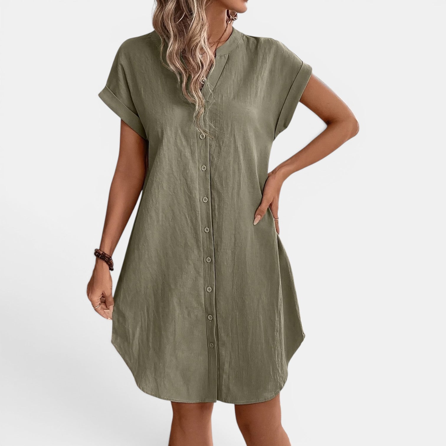 Monvaline | Women’s Loose Fit Summer Dress V-Neck Button Midi