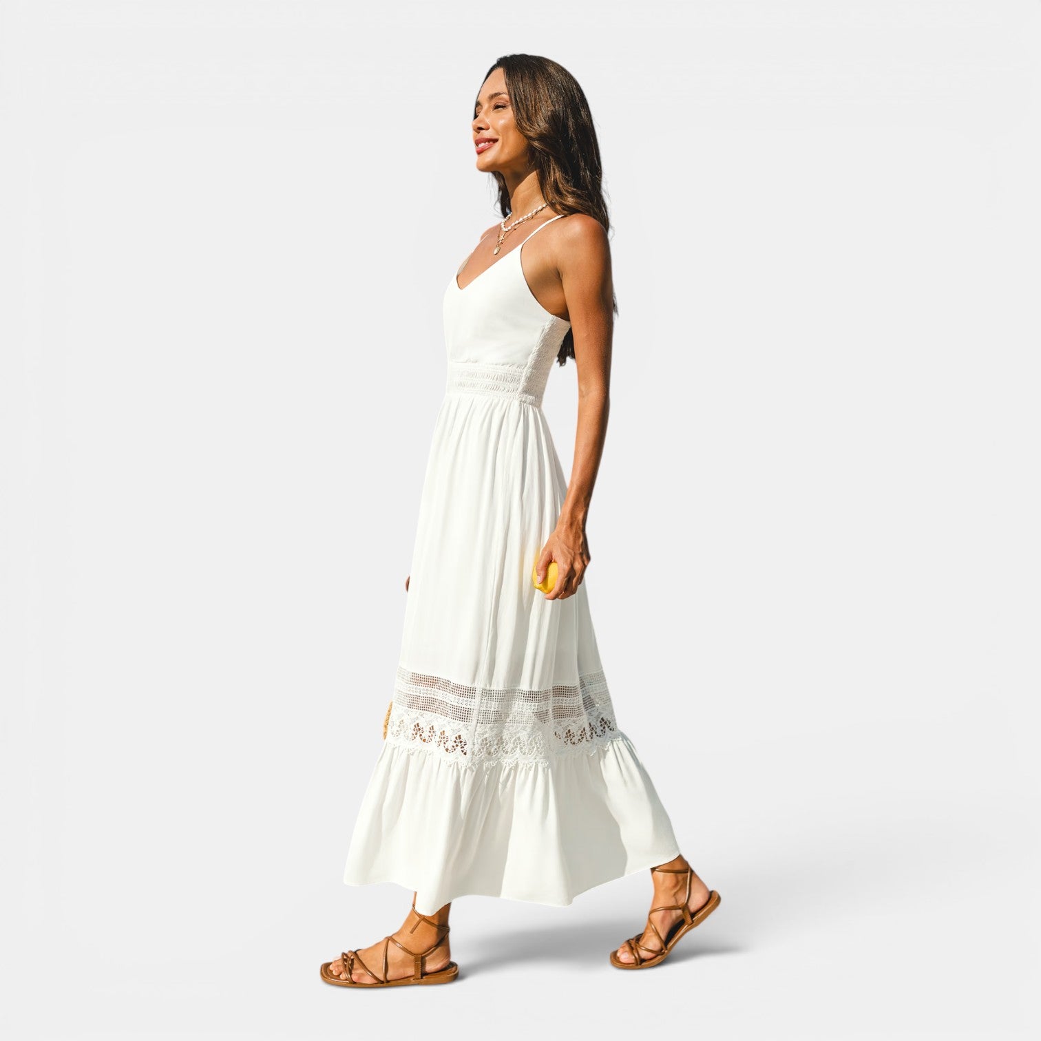 Monvaline | Women's White Rayon Maxi Dress V-Neck Sleeveless Elegant