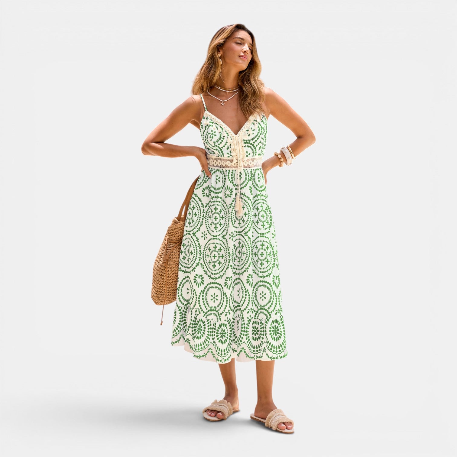 Monvaline | Women's Summer Midi Dress V-Neck Sleeveless Holiday Dress