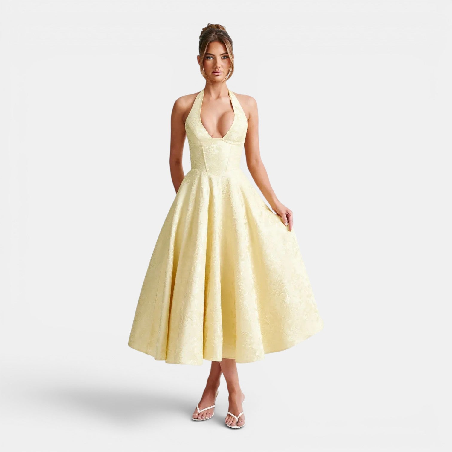 Monvaline | Women's Wedding Guest Jacquard Midi Dress Halter Neck V-Neck