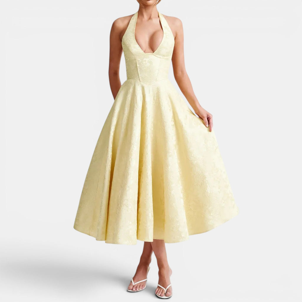 Monvaline | Women's Wedding Guest Jacquard Midi Dress Halter Neck V-Neck
