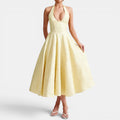Monvaline | Women's Wedding Guest Jacquard Midi Dress Halter Neck V-Neck