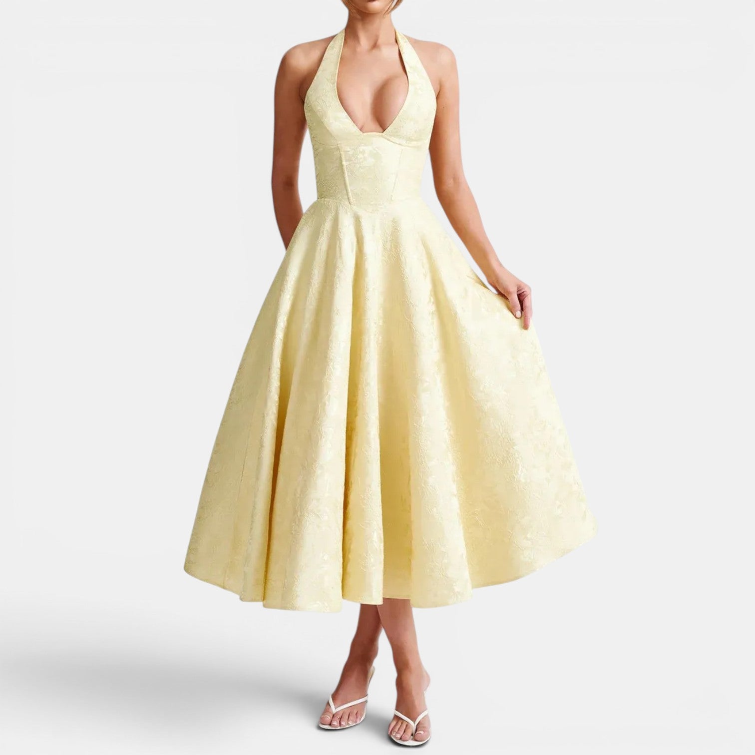 Monvaline | Women's Wedding Guest Jacquard Midi Dress Halter Neck V-Neck
