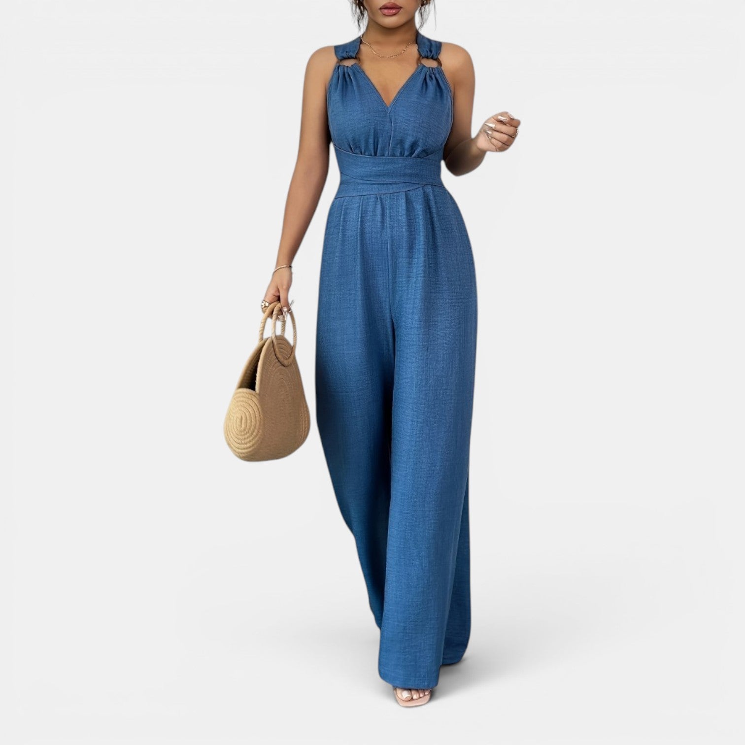 Monvaline | Women’s V-Neck Crisscross Tie Jumpsuit