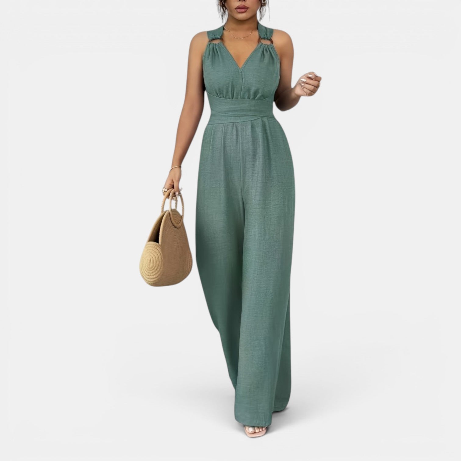 Monvaline | Women’s V-Neck Crisscross Tie Jumpsuit