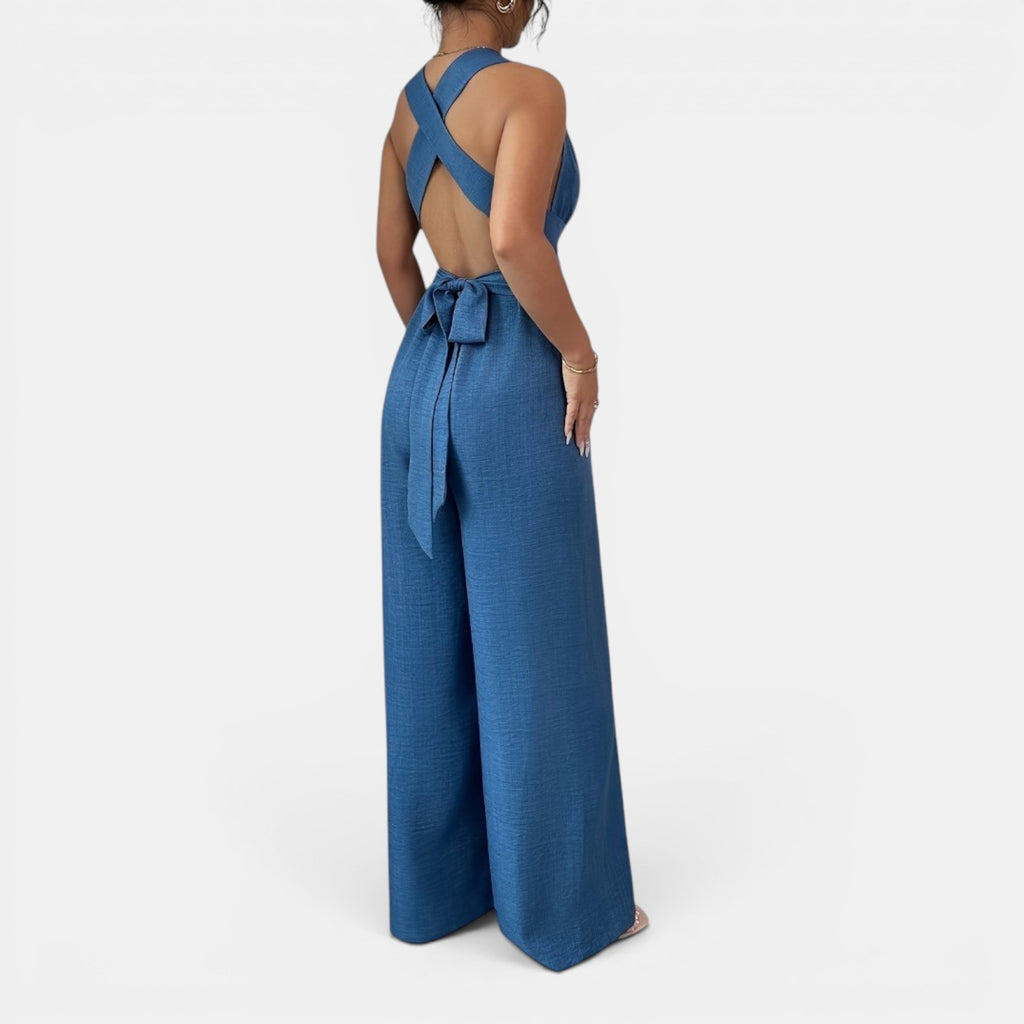 Monvaline | Women’s V-Neck Crisscross Tie Jumpsuit