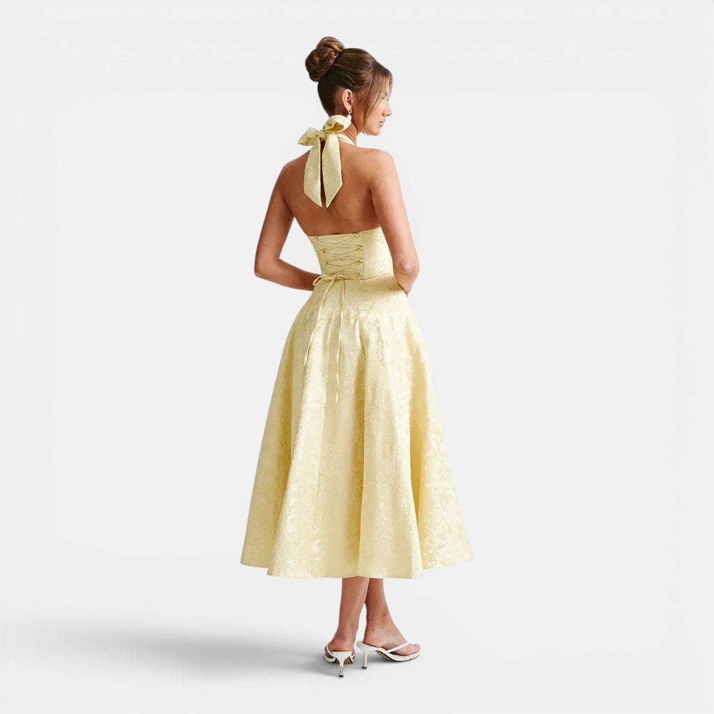 Monvaline | Women's Wedding Guest Jacquard Midi Dress Halter Neck V-Neck