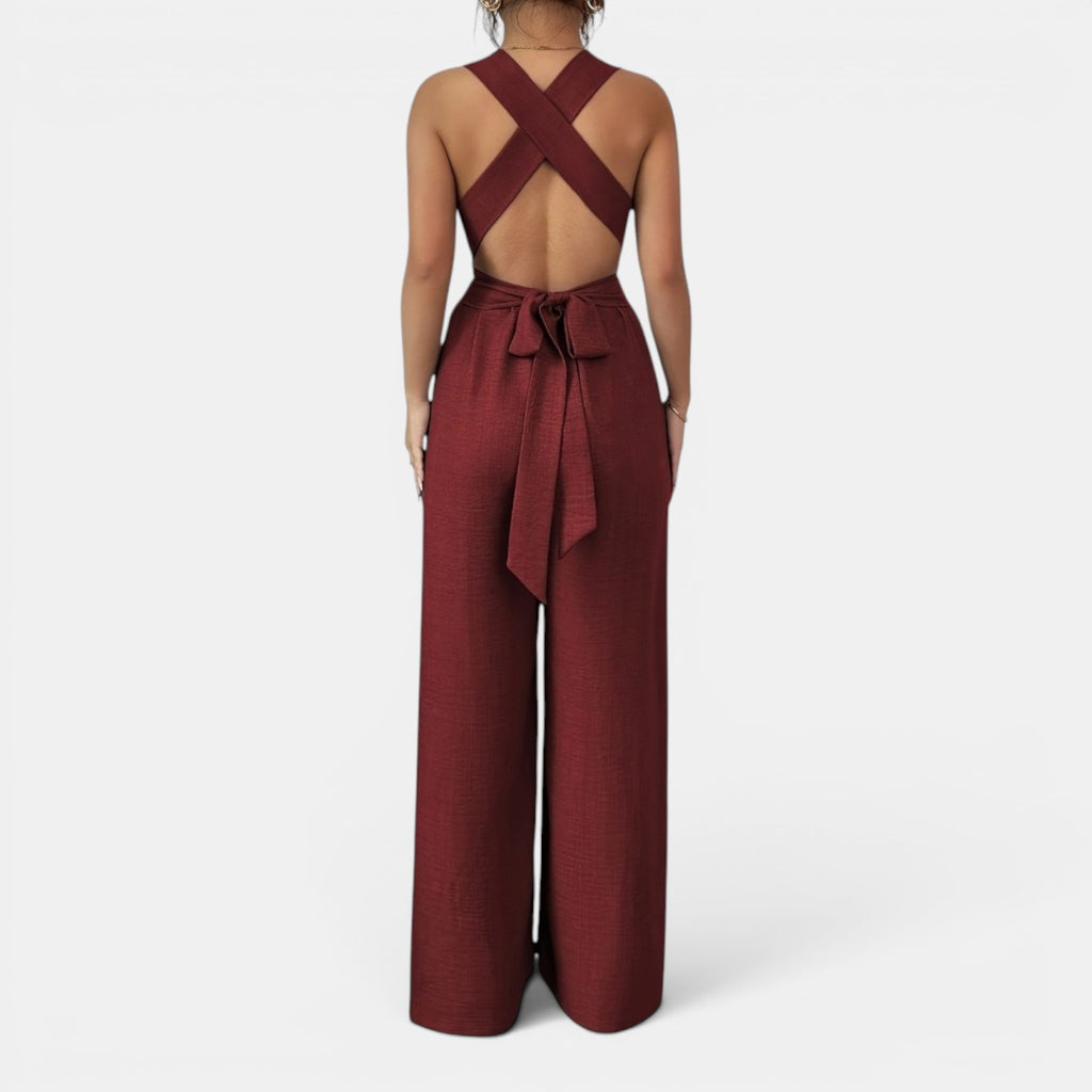 Monvaline | Women’s V-Neck Crisscross Tie Jumpsuit
