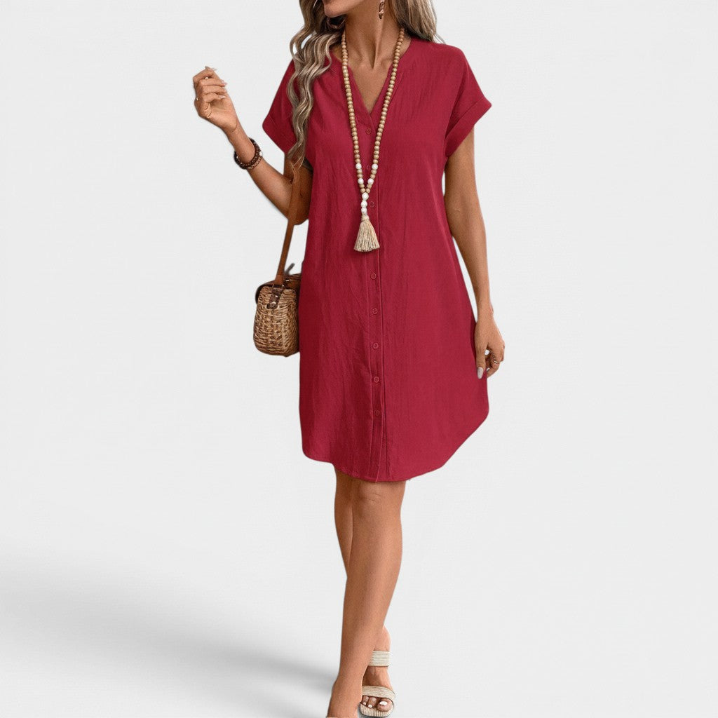 Monvaline | Women’s Loose Fit Summer Dress V-Neck Button Midi