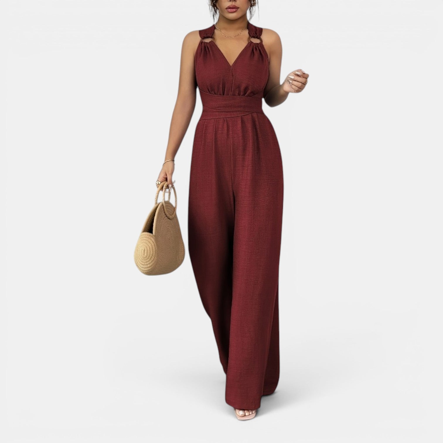 Monvaline | Women’s V-Neck Crisscross Tie Jumpsuit