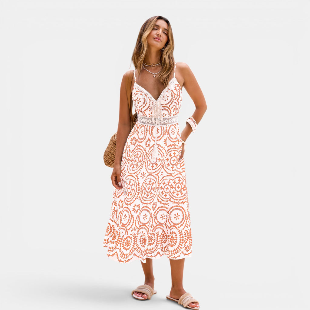 Monvaline | Women's Summer Midi Dress V-Neck Sleeveless Holiday Dress