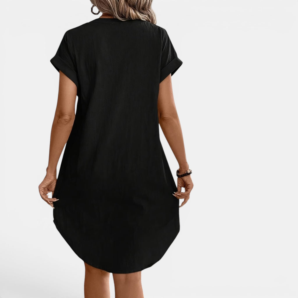 Monvaline | Women’s Loose Fit Summer Dress V-Neck Button Midi