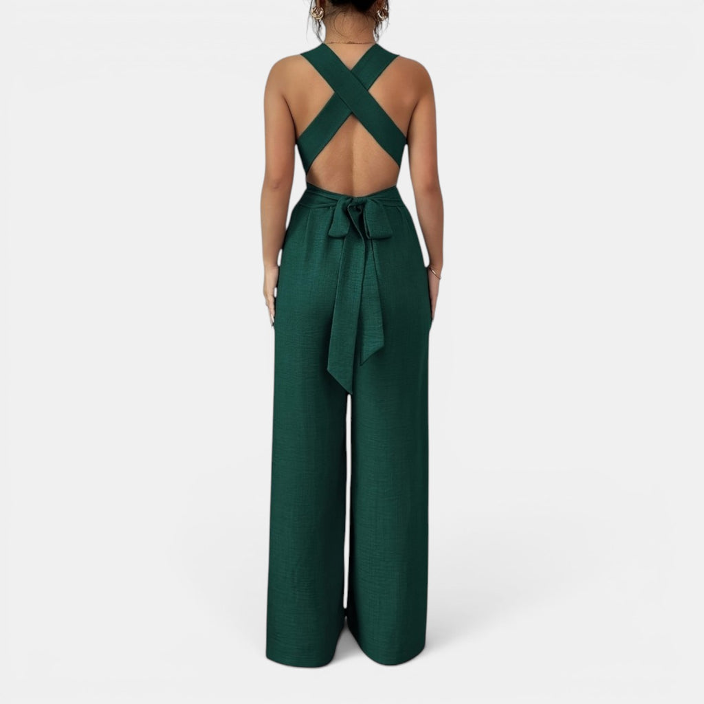 Monvaline | Women’s V-Neck Crisscross Tie Jumpsuit
