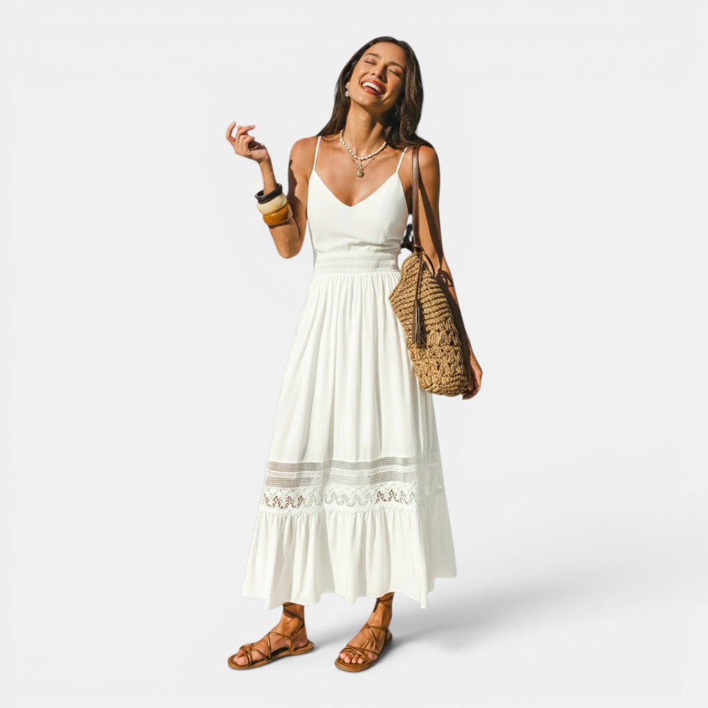 Monvaline | Women's White Rayon Maxi Dress V-Neck Sleeveless Elegant