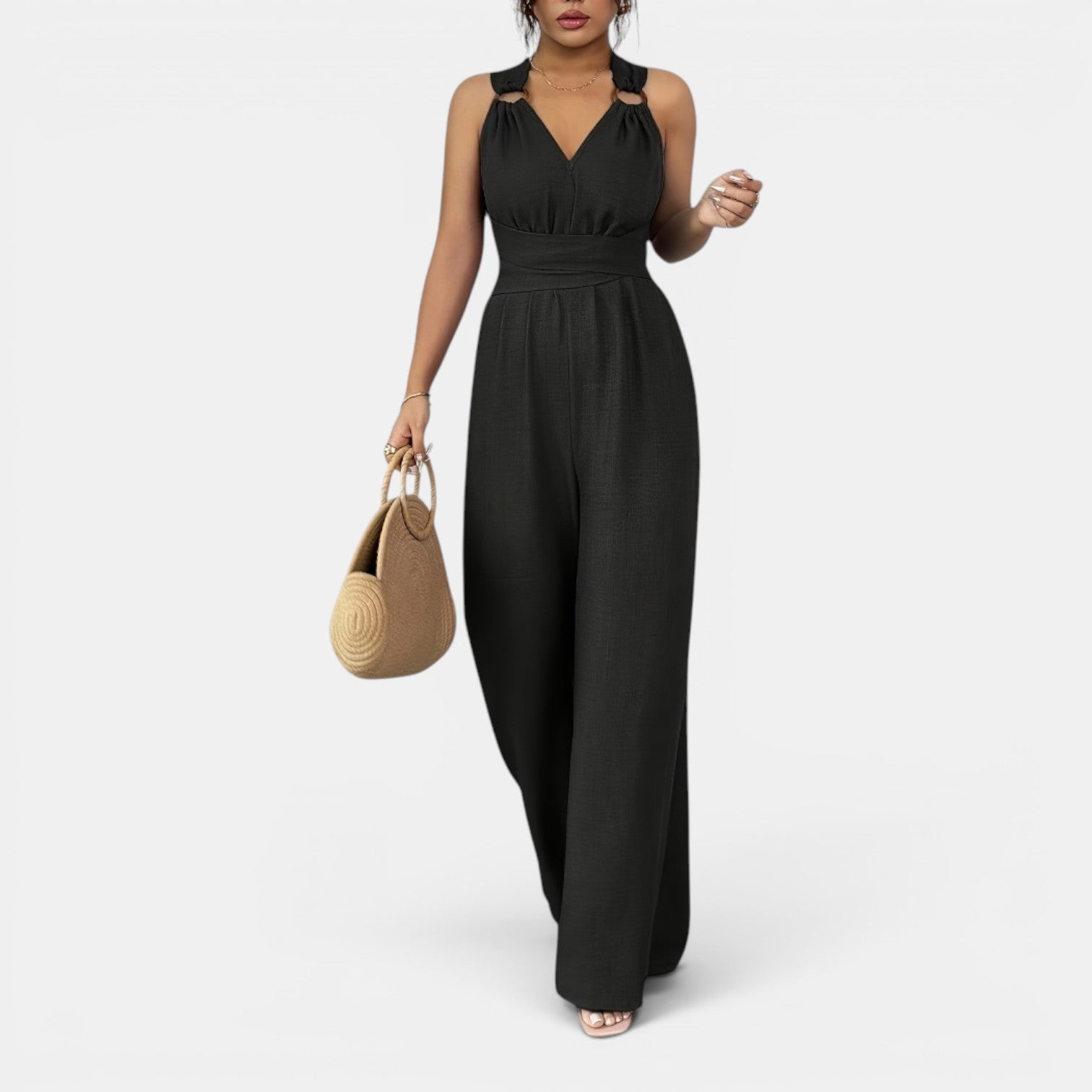 Monvaline | Women’s V-Neck Crisscross Tie Jumpsuit