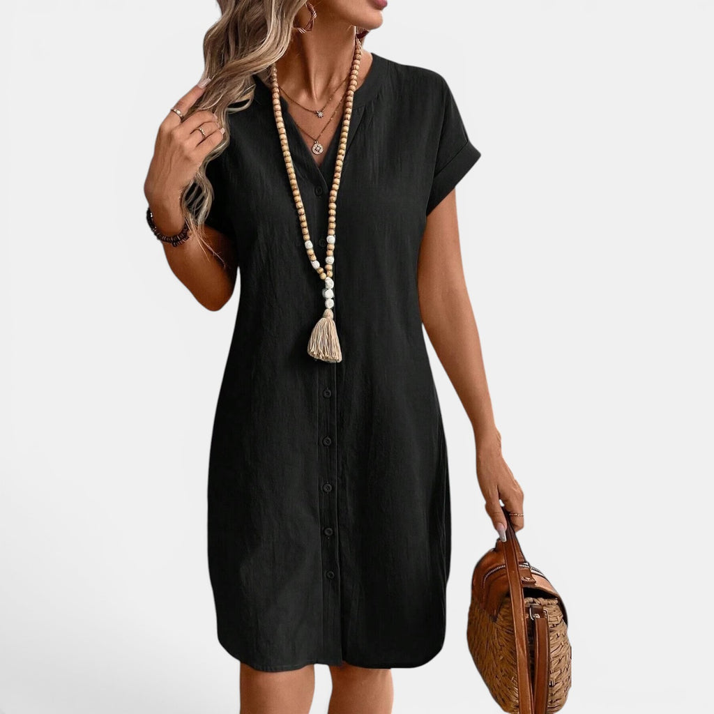 Monvaline | Women’s Loose Fit Summer Dress V-Neck Button Midi