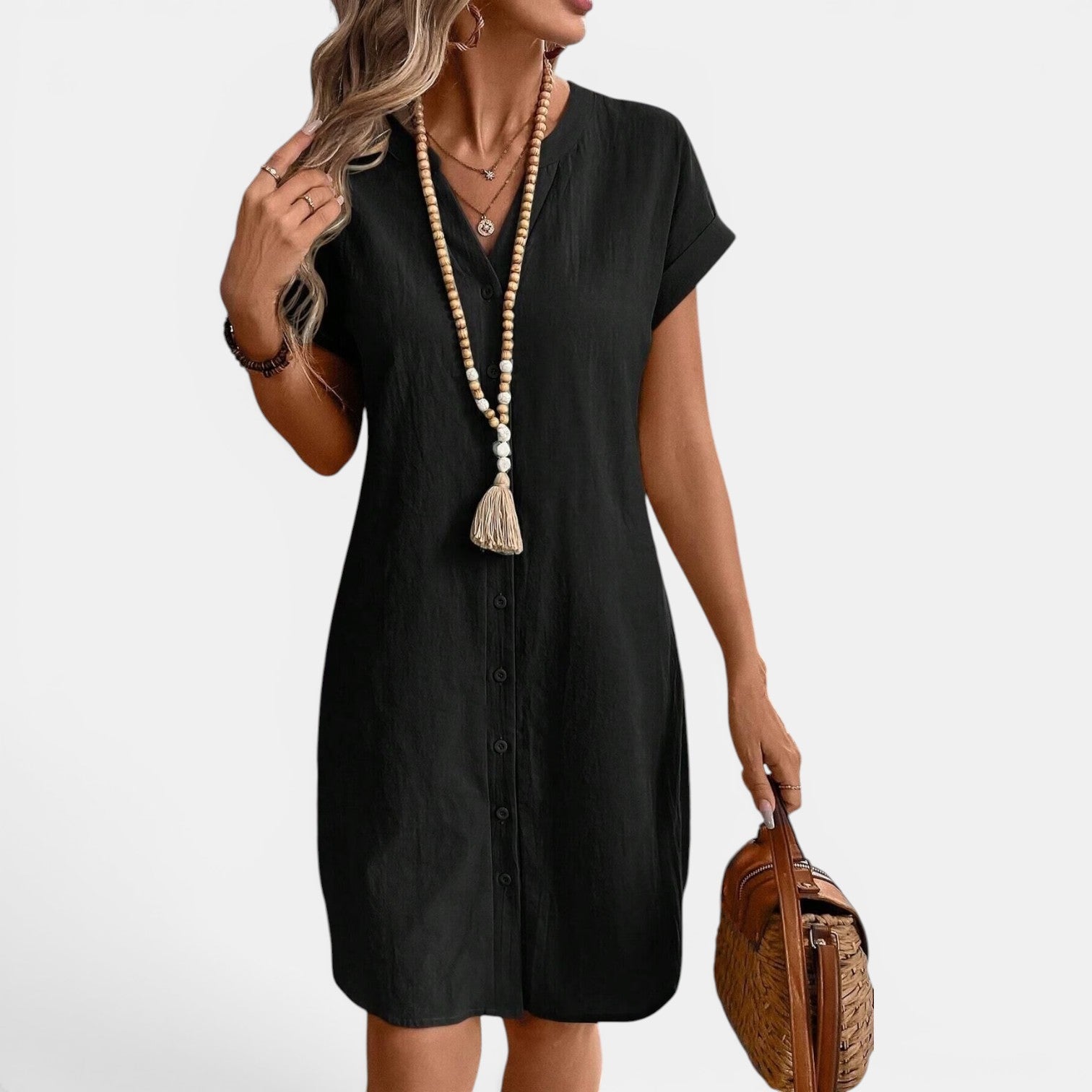 Monvaline | Women’s Loose Fit Summer Dress V-Neck Button Midi