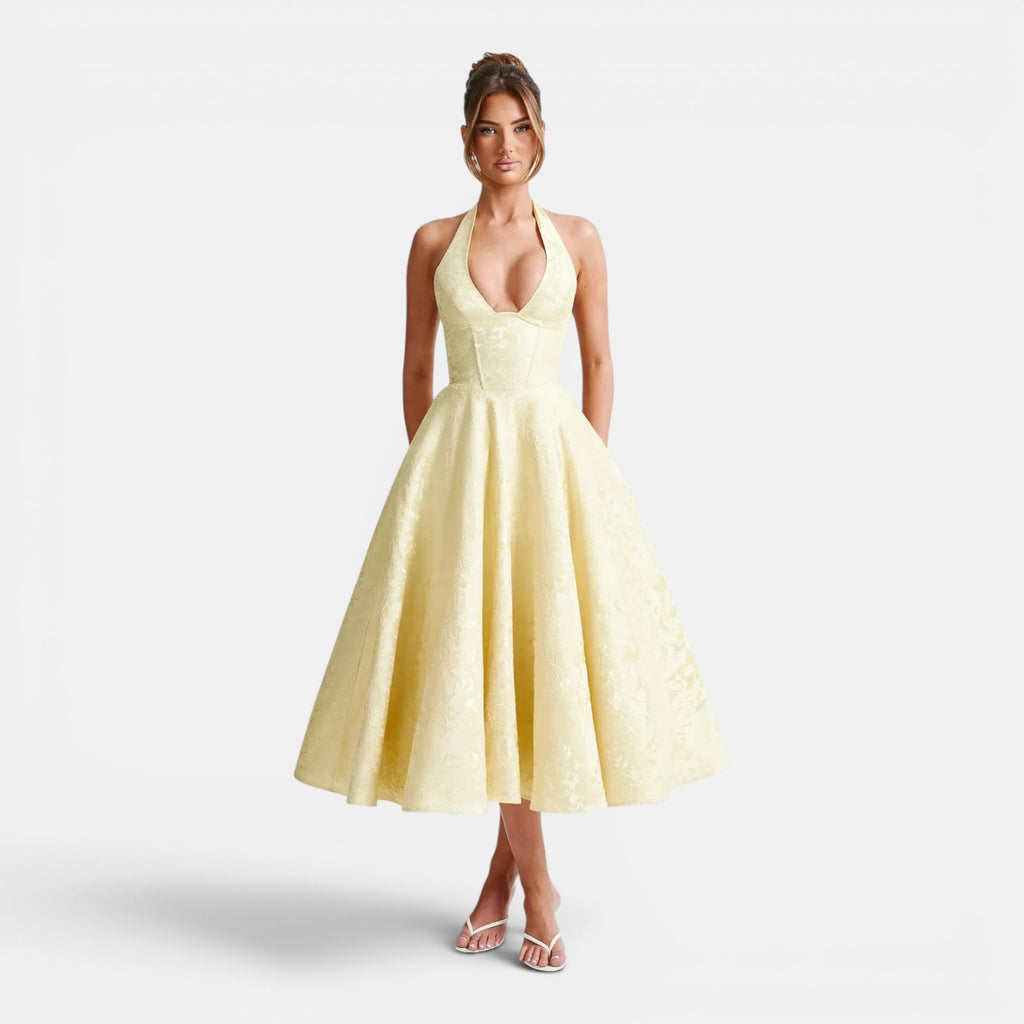 Monvaline | Women's Wedding Guest Jacquard Midi Dress Halter Neck V-Neck