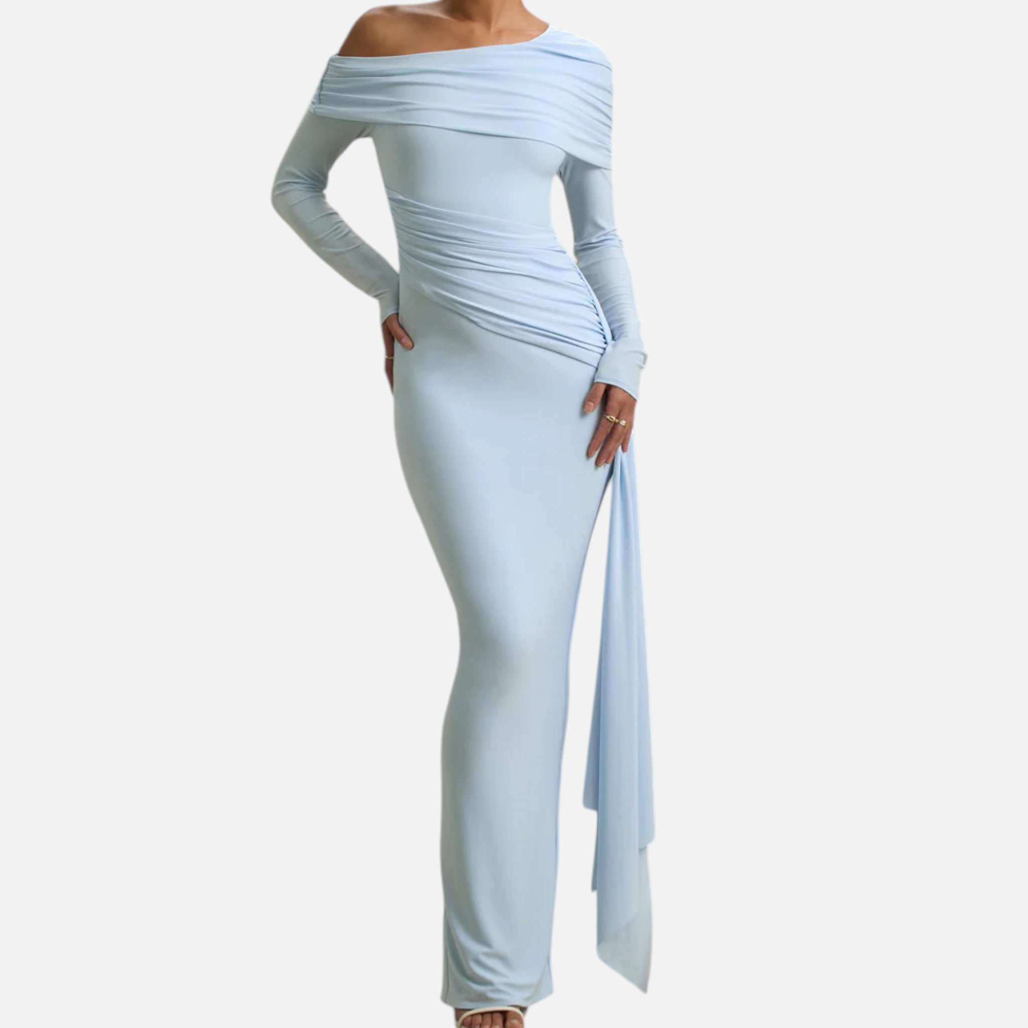 Monvaline | Women’s Asymmetric Maxi Dress Draped Detail Formal Wear