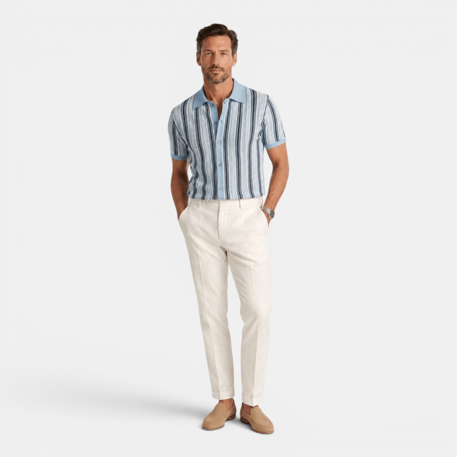 Monvaline | Men's Striped Knit Polo Shirt Smart Casual Summer Wear