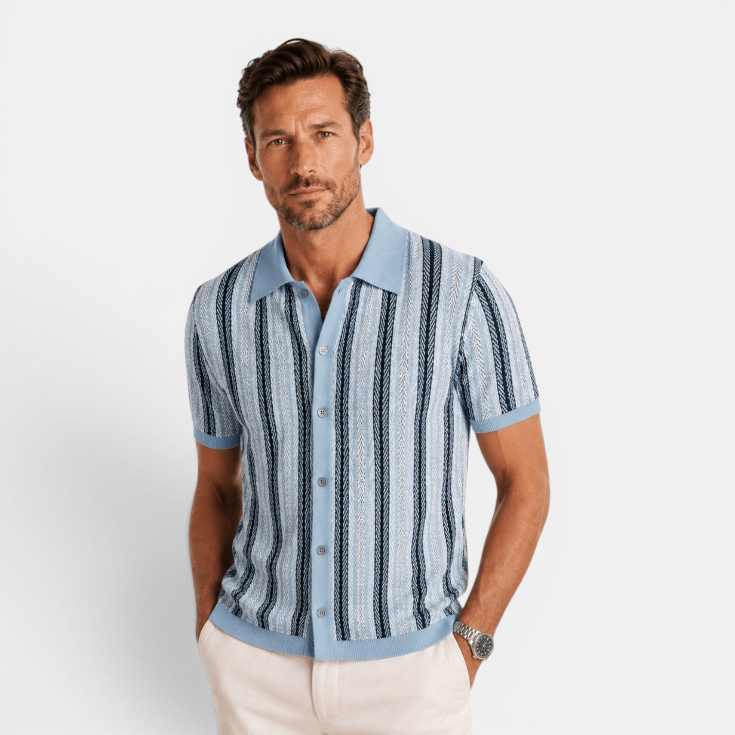 Monvaline | Men's Striped Knit Polo Shirt Smart Casual Summer Wear