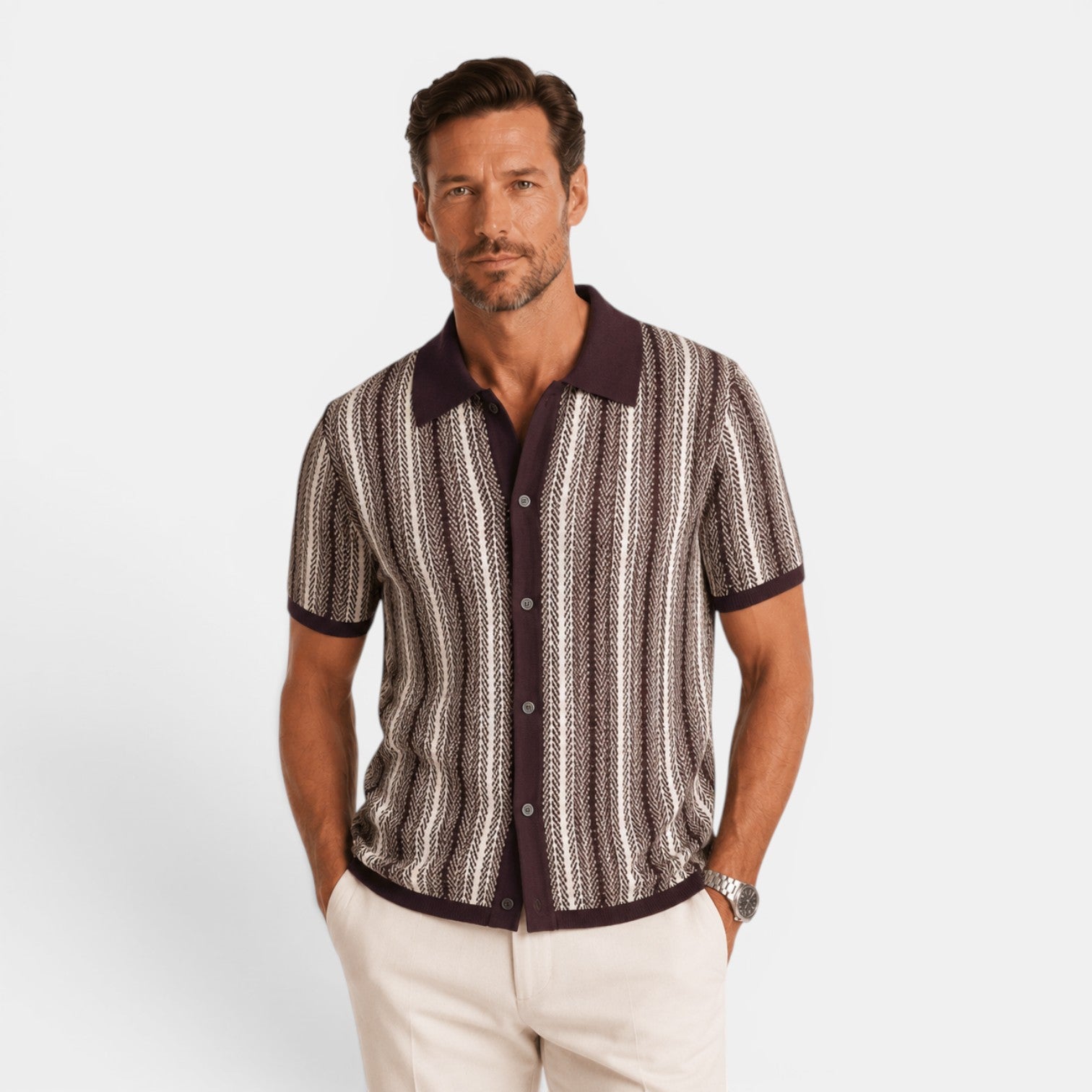 Monvaline | Men's Striped Knit Polo Shirt Smart Casual Summer Wear