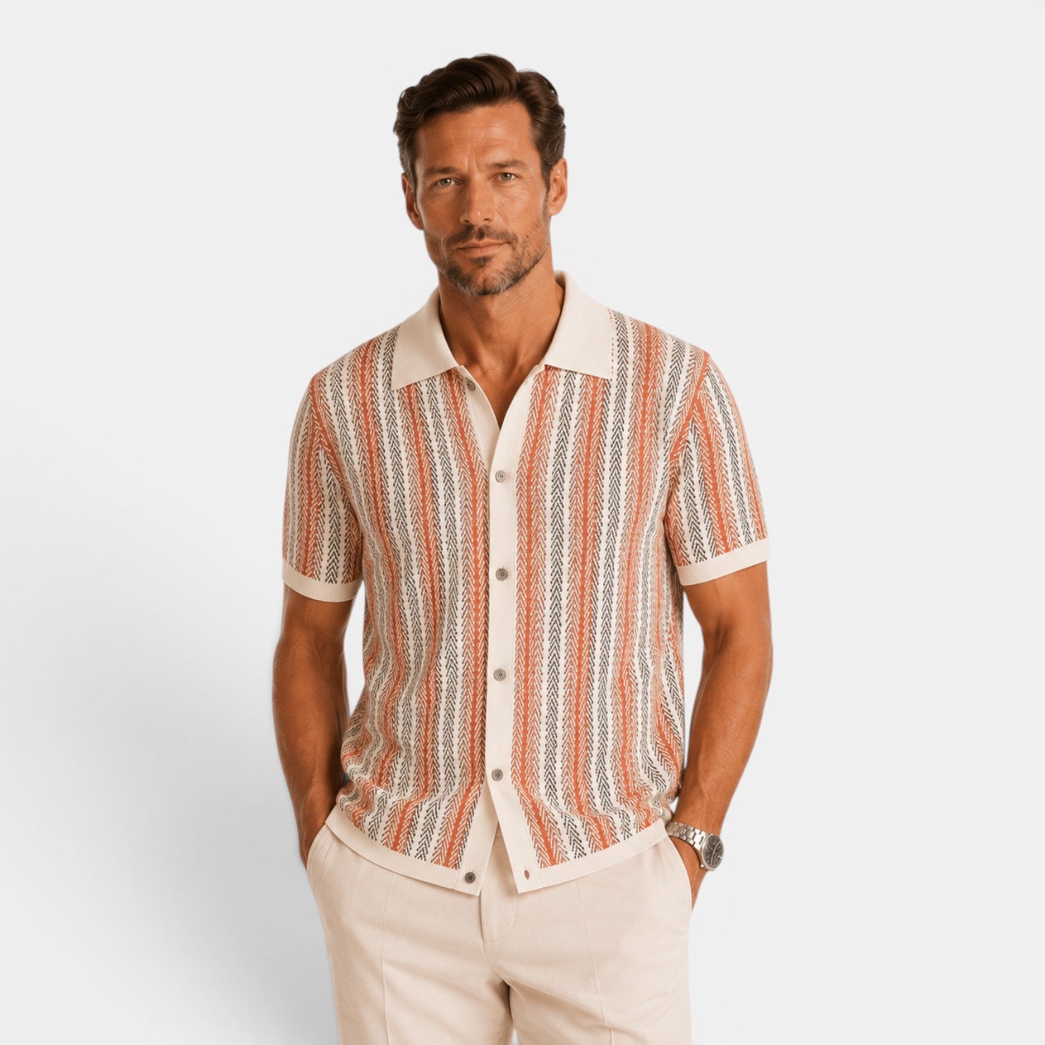 Monvaline | Men's Striped Knit Polo Shirt Smart Casual Summer Wear