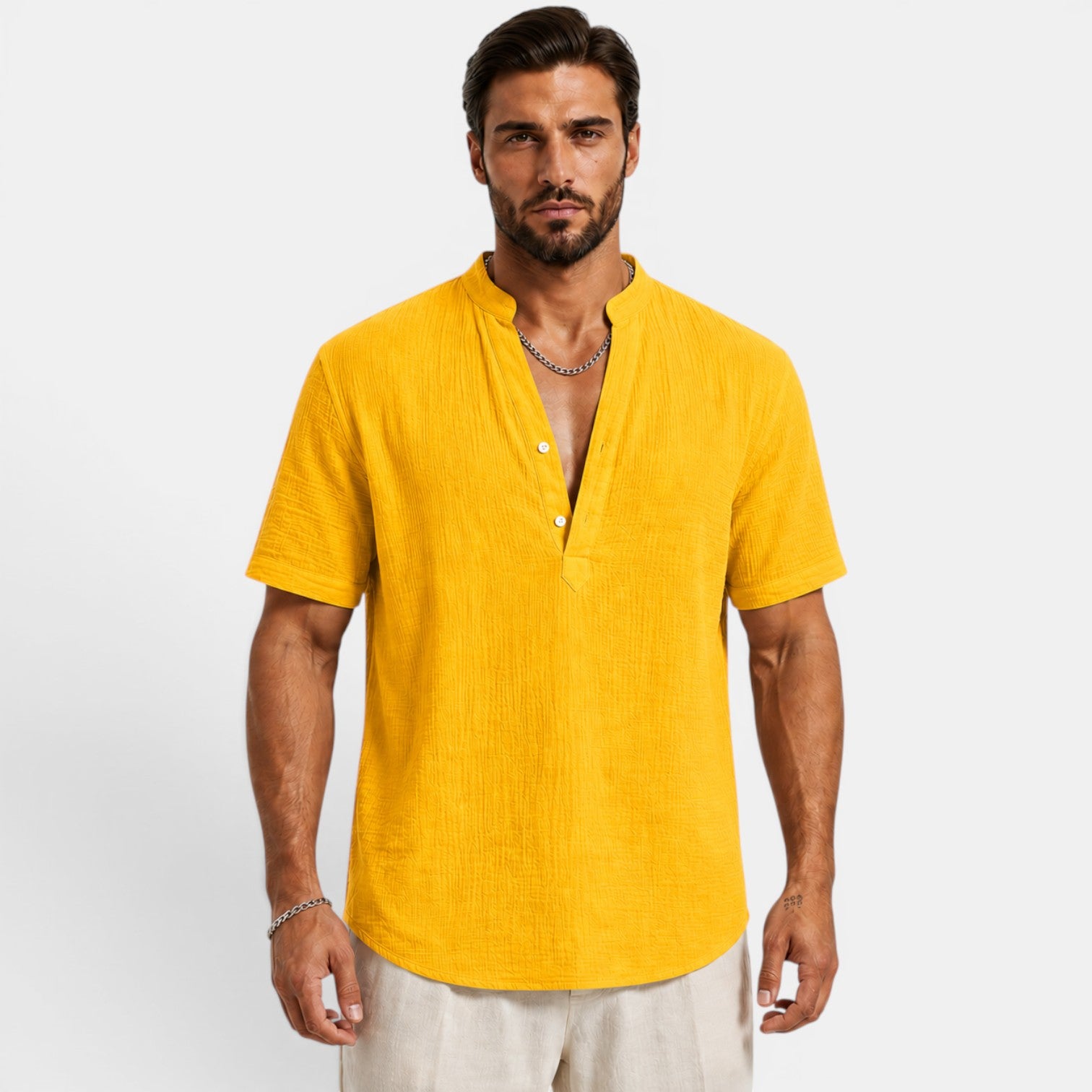 Monvaline | Men’s Lightweight Summer Shirt – Textured Stand Collar