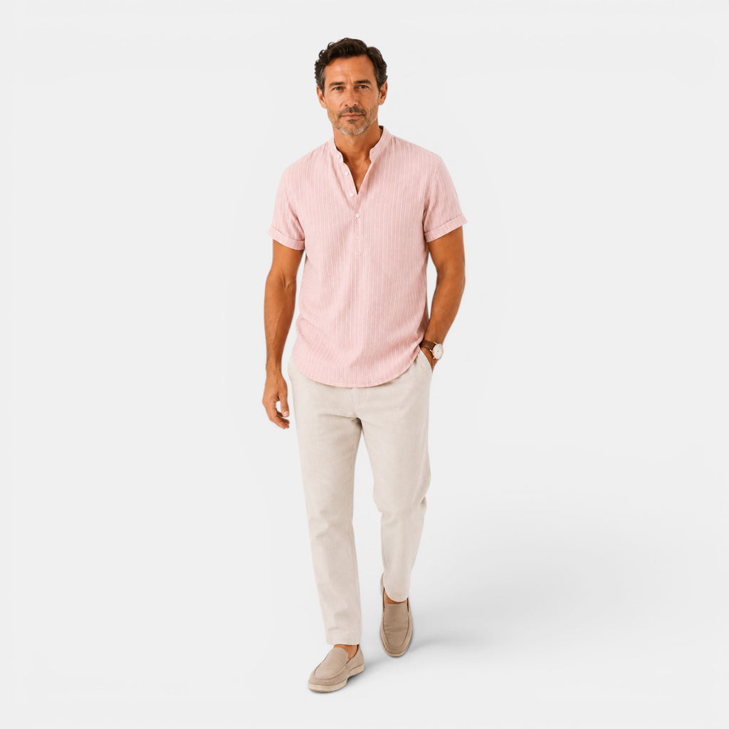 Monvaline | Men's Striped Short Sleeve Cotton Shirt Loose Fit Summer Casual