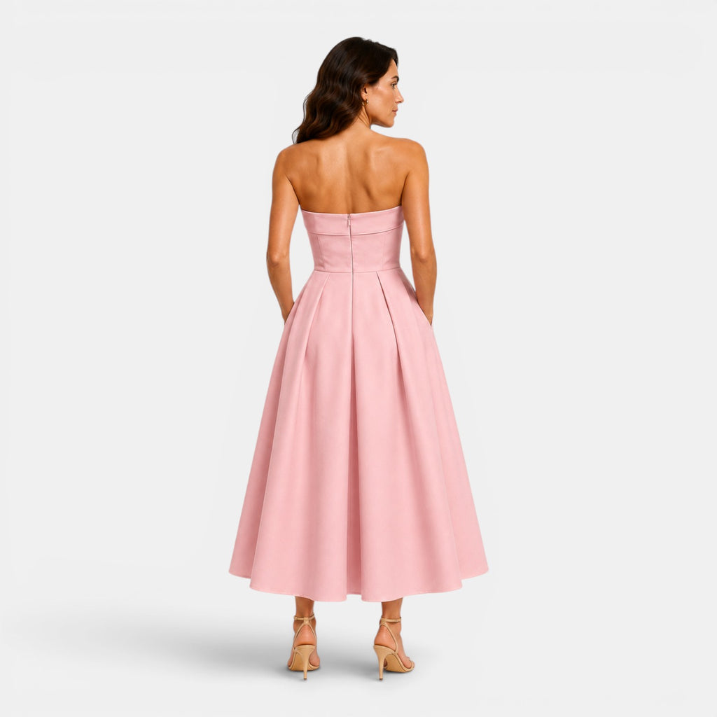 Monvaline | Women's Elegant Tube Top Dress – Pleated Formal Midi Dress