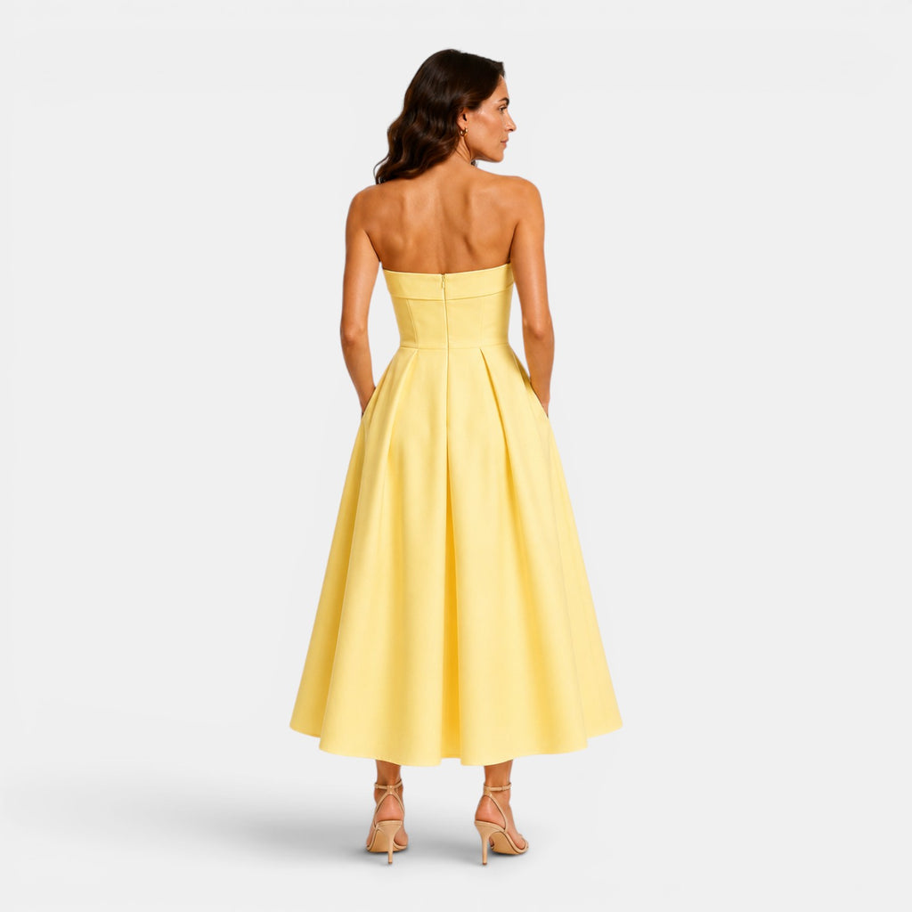 Monvaline | Women's Elegant Tube Top Dress – Pleated Formal Midi Dress